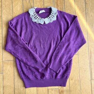 Excelsior Vintage 90s Purple Lace Collar Purple Knit Sweater Size Small Medium